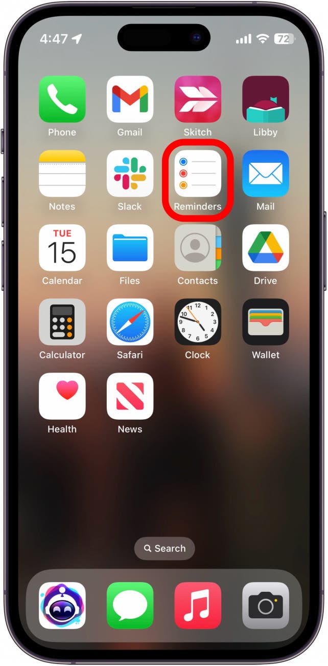 iphone home screen with reminders app circled in red