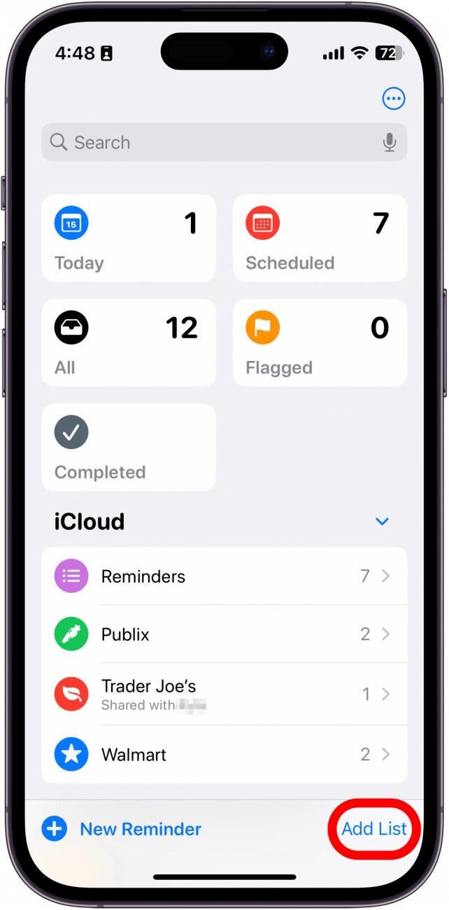 iphone reminders app with add list button circled in red