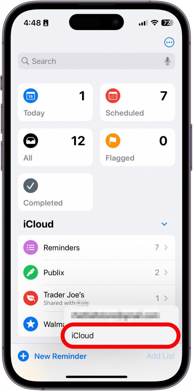 iphone reminders app new list creation with iCloud account circled in red