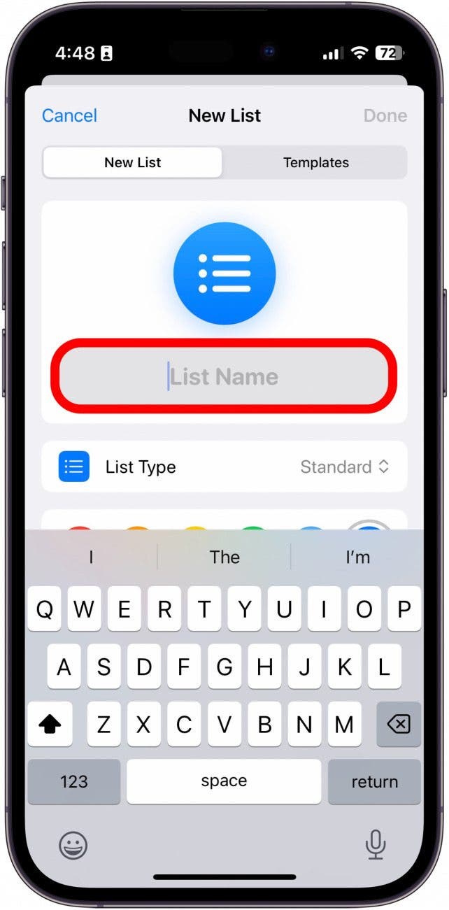 iphone reminders new list with list name field circled in red