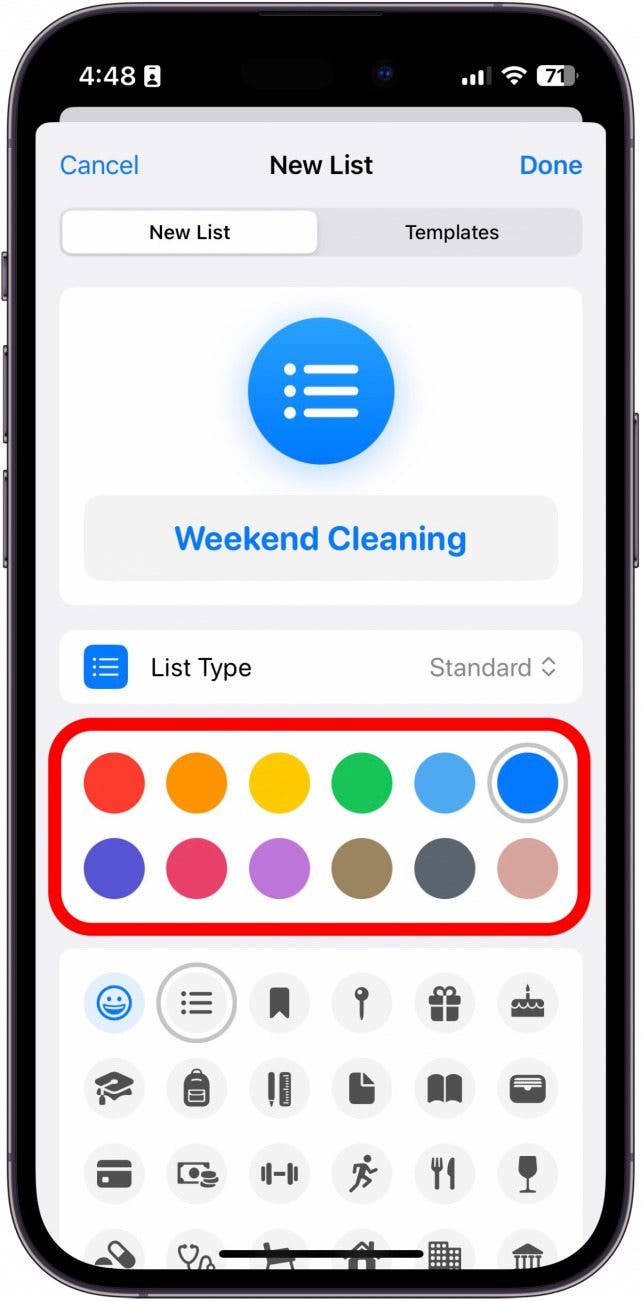 iphone reminders app new list with color selections circled in red