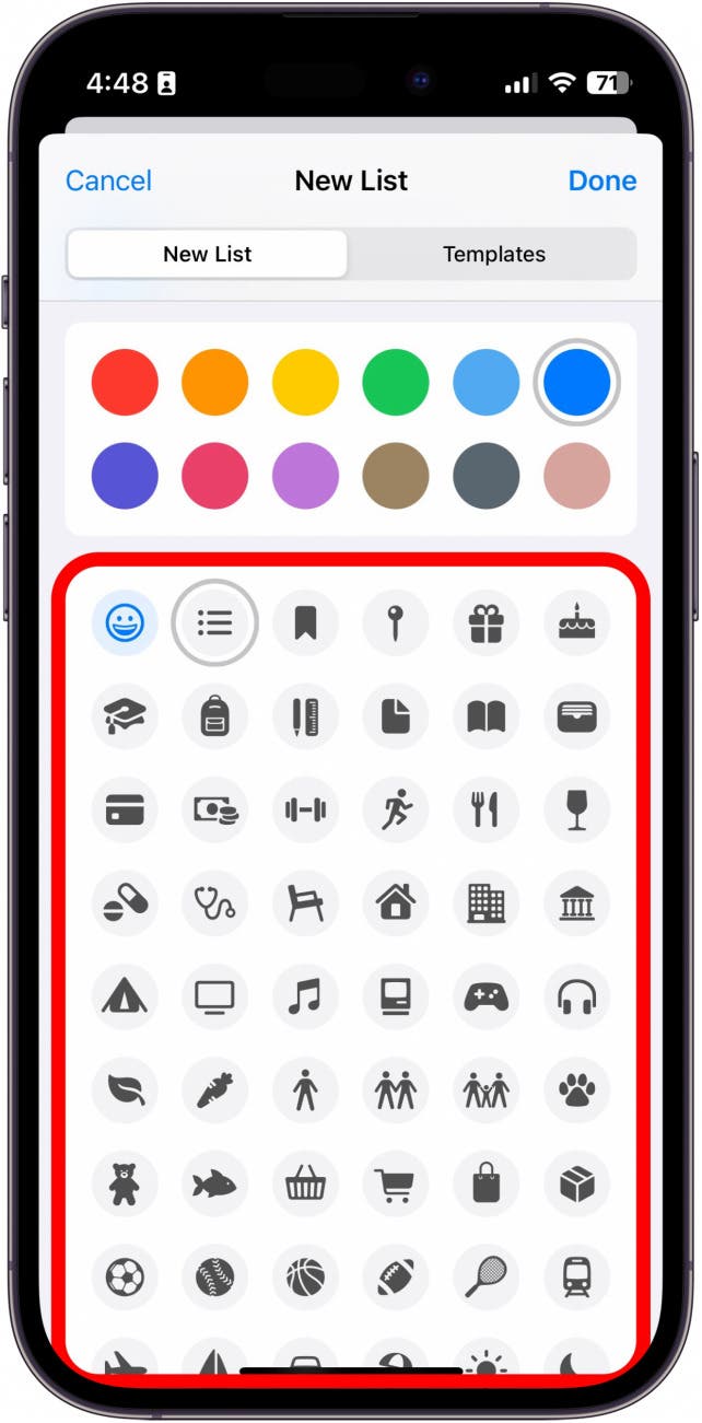 iphone reminders app new list with icon selections circled in red