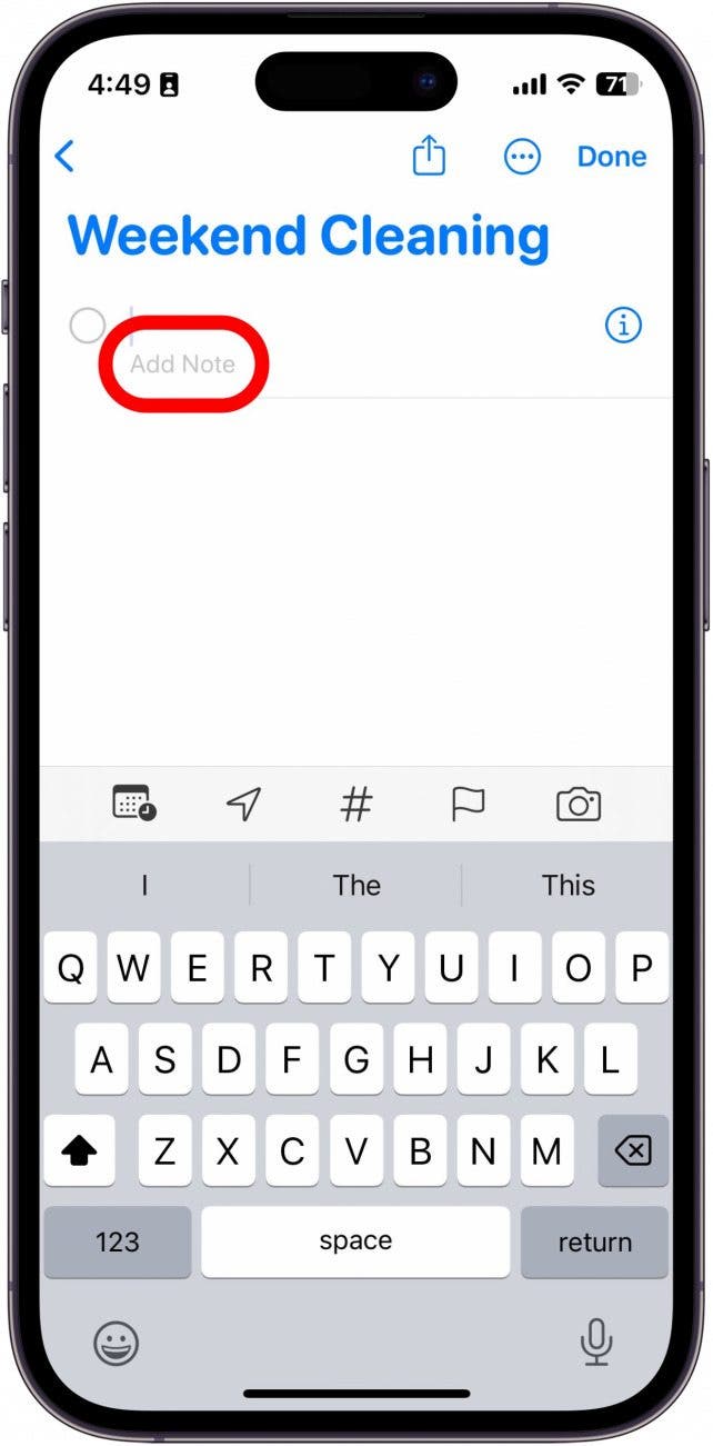 iphone reminder list with add notes button circled in red