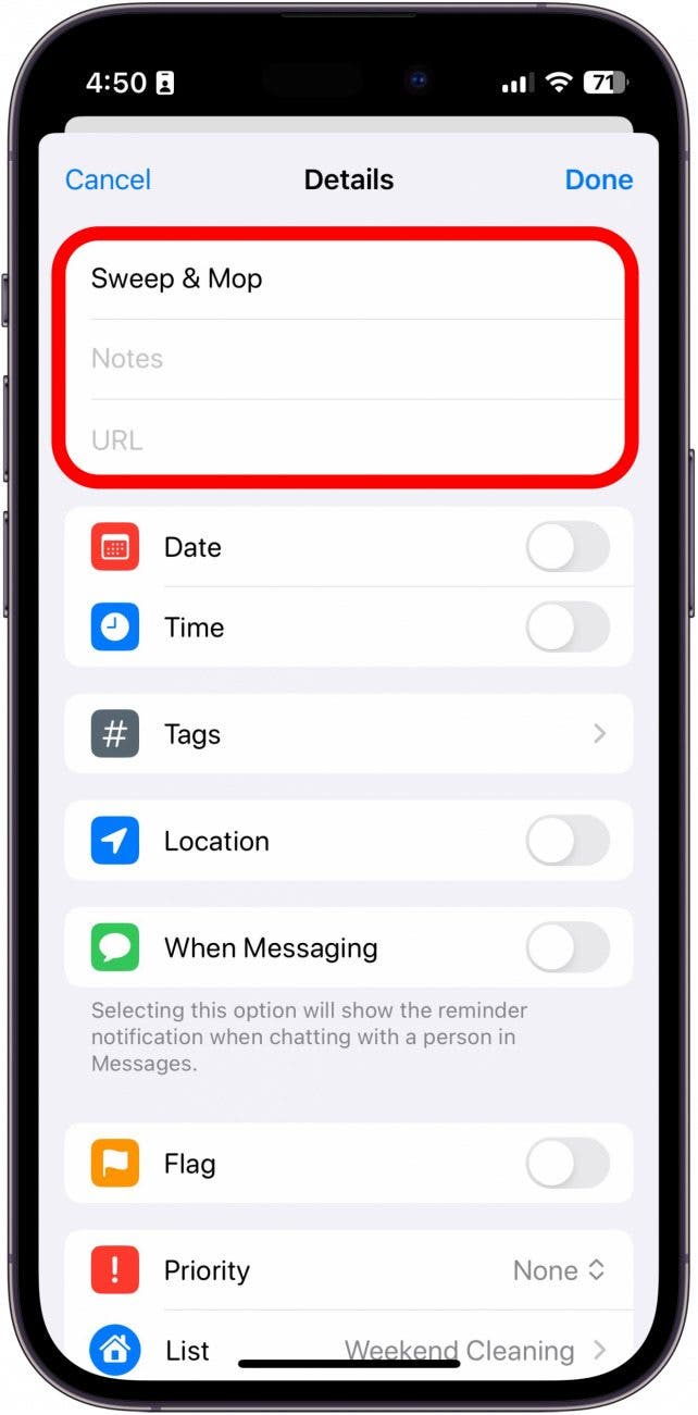 iphone reminder details with name, notes, and url fields circled in red