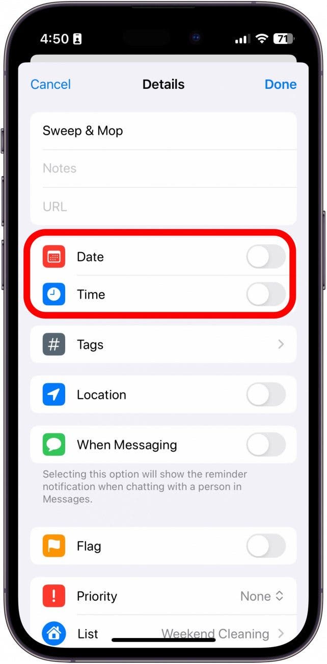 iphone reminder details with date and time toggles circled in red