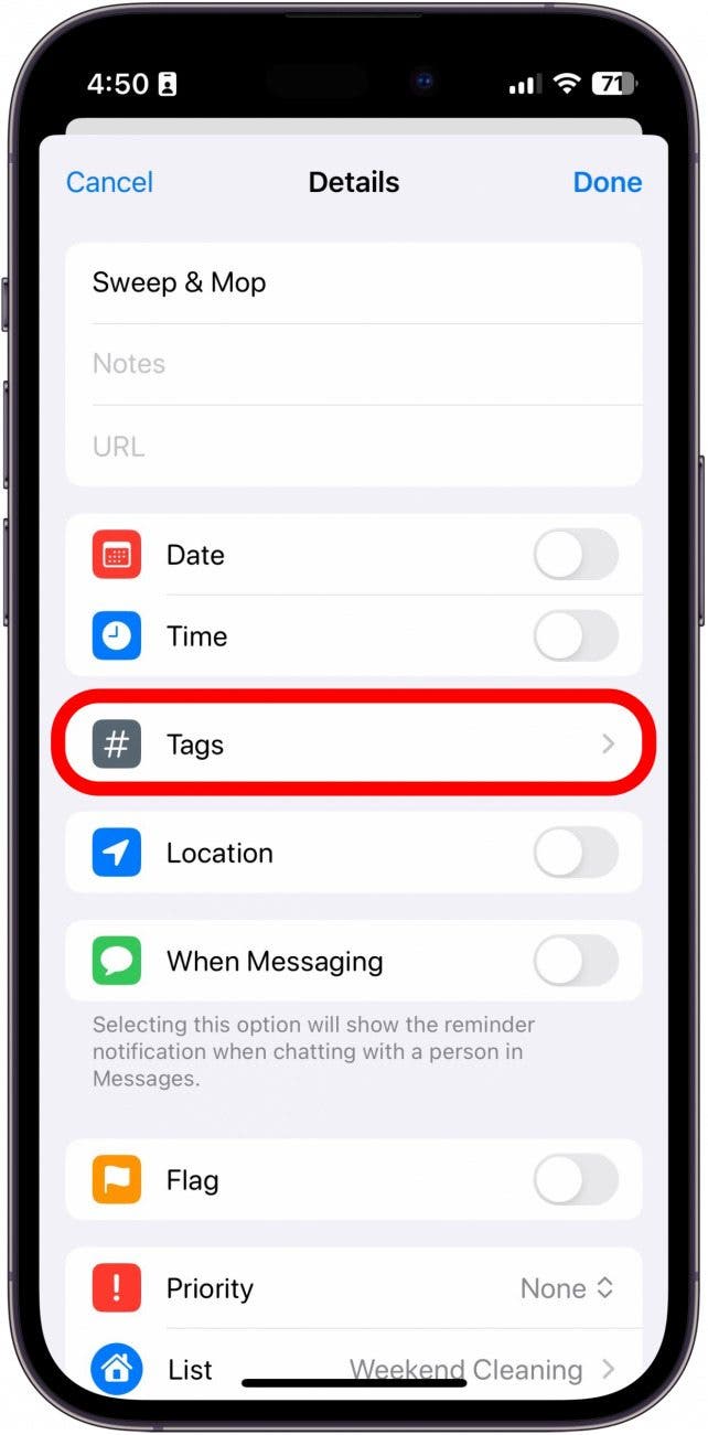 iphone reminder details with tags option circled in red