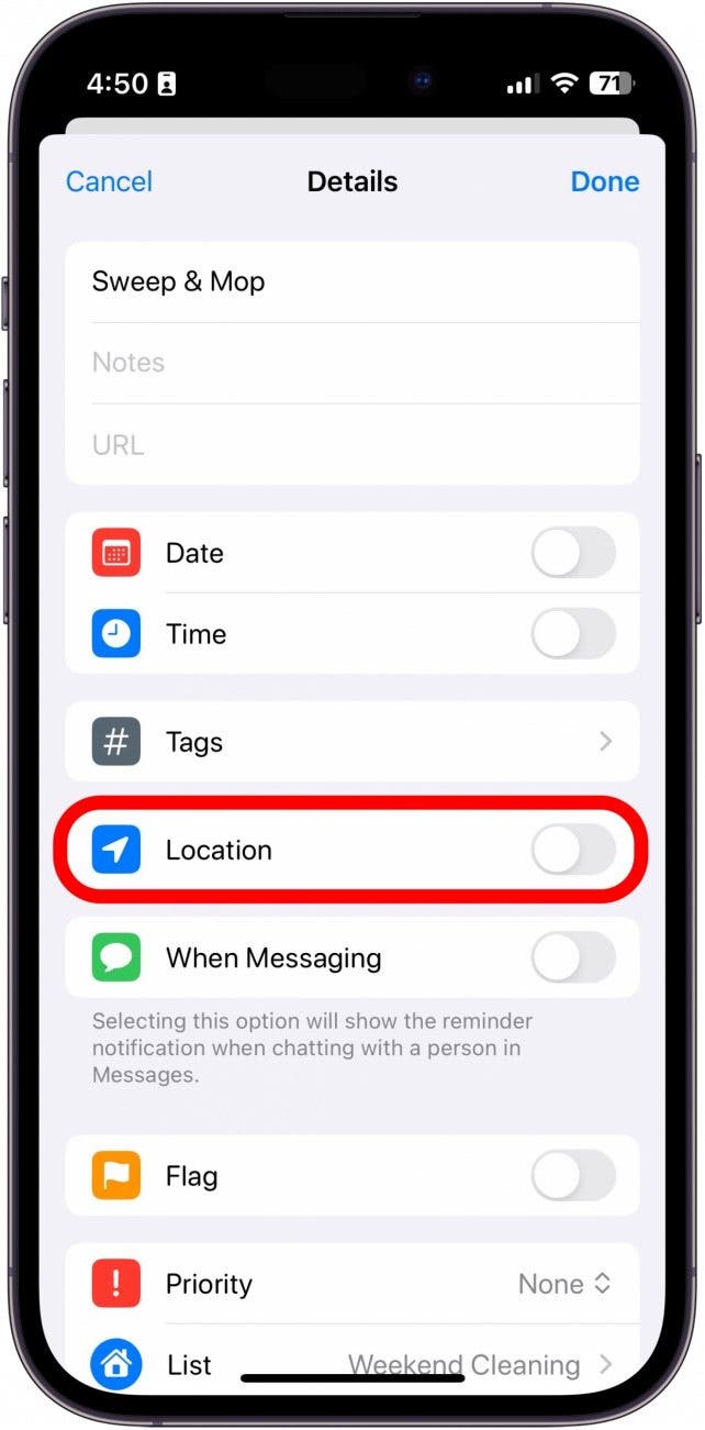 iphone reminder details with location toggle circled in red