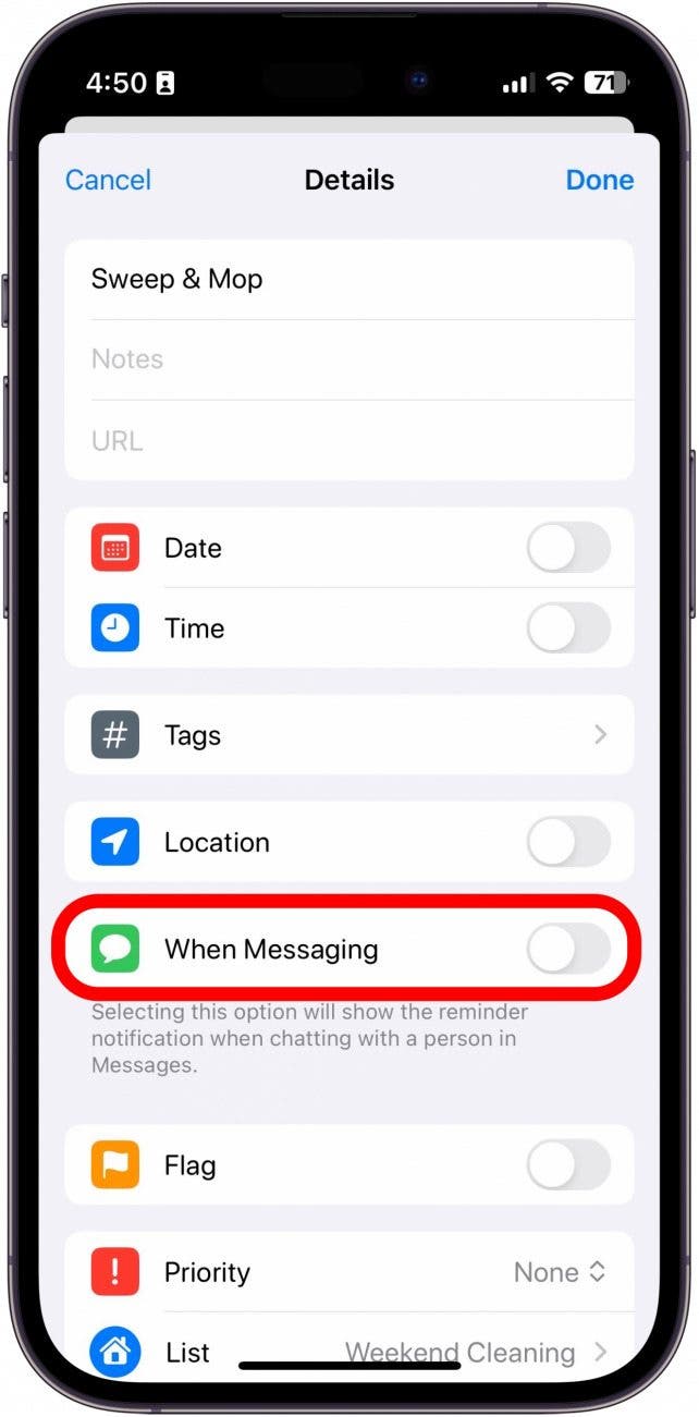 iphone reminder details with when messaging toggle circled in red