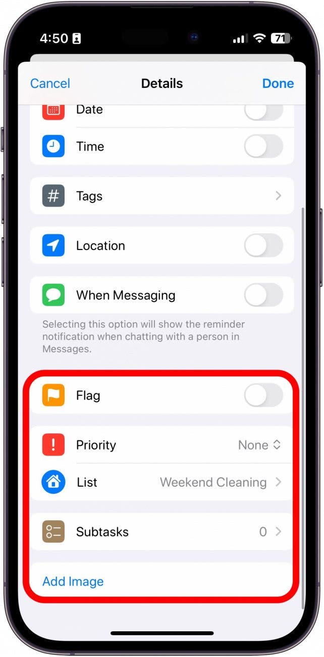 iphone reminder details with flag toggle, priority, list, subtask, and image options circled in red