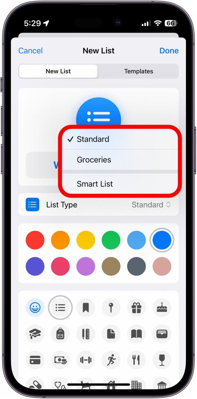 iphone reminders app new list with list type options circled in red