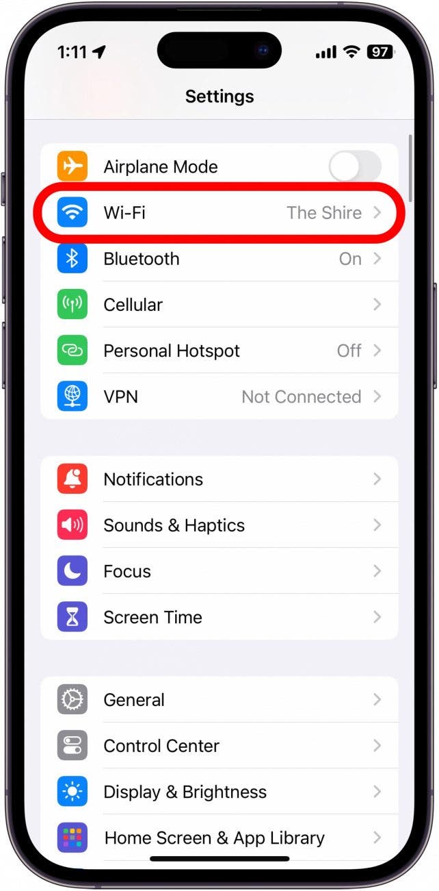 iphone settings with wifi option circled in red