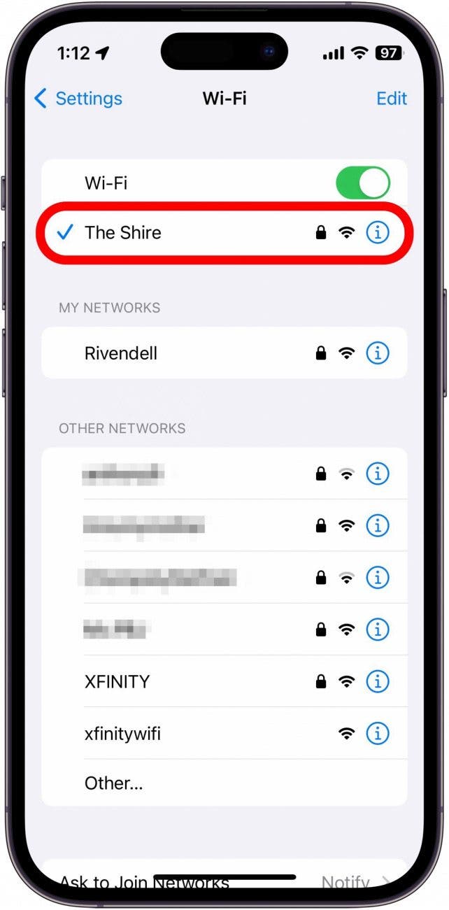 iphone wifi settings with wifi network name circled in red