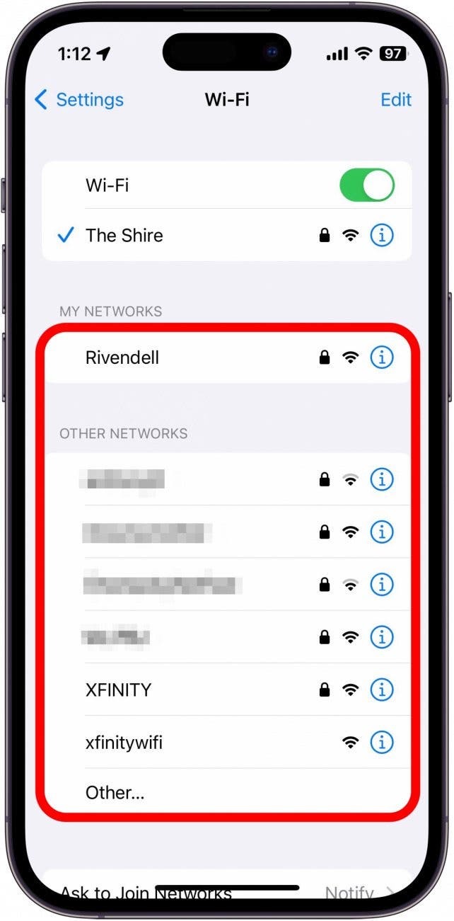 iphone wifi settings with other wifi networks circled in red