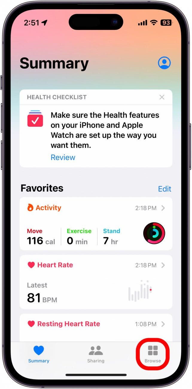 health app with browse tab circled in red