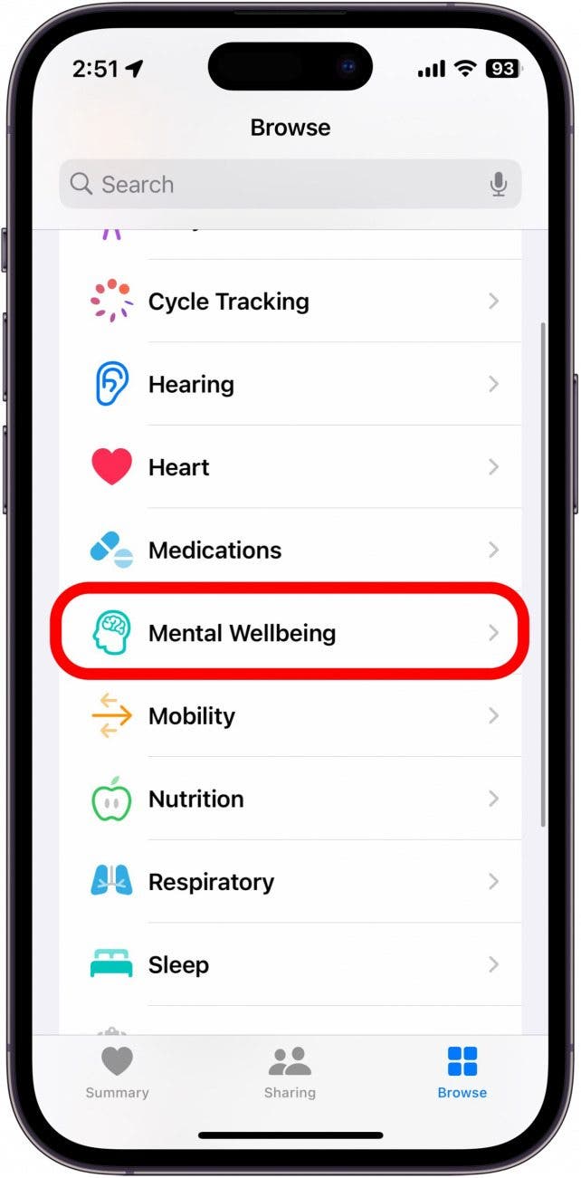 health app with mental wellbeing option circled in red