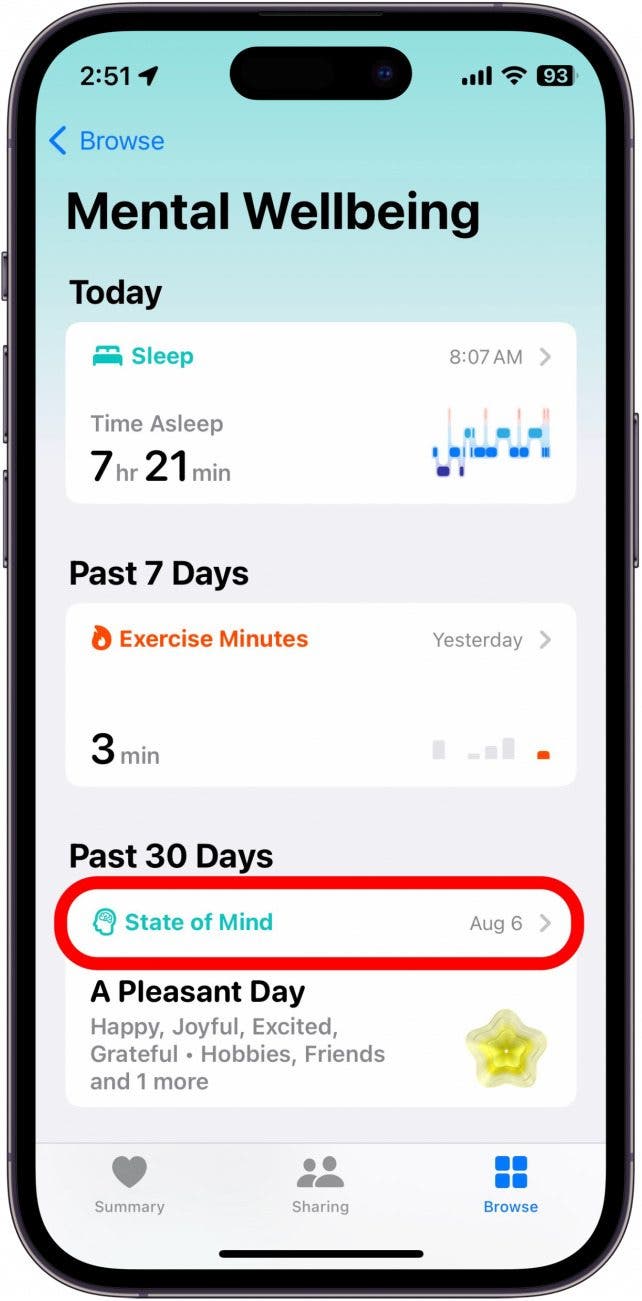 iphone health mental wellbeing screen with state of mind circled in red