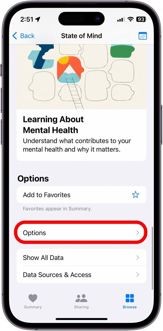 iphone state of mind with mental health options button circled in red