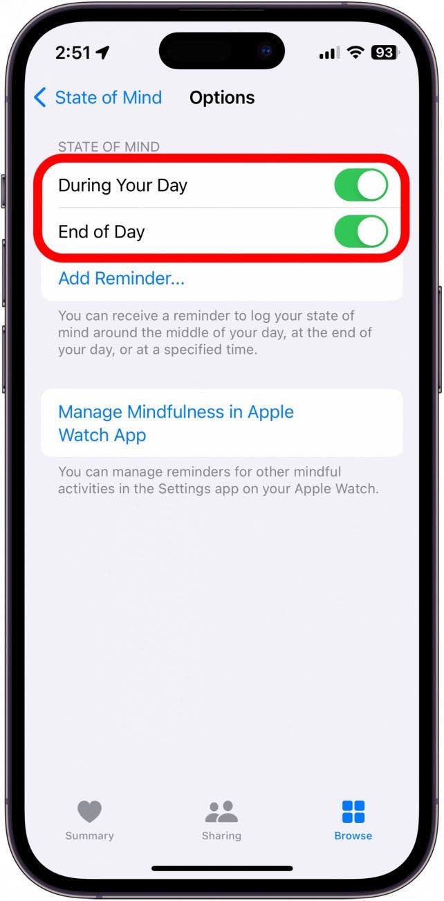 iphone health state of mind reminder settings with During Your Day and End of Day toggles circled in red