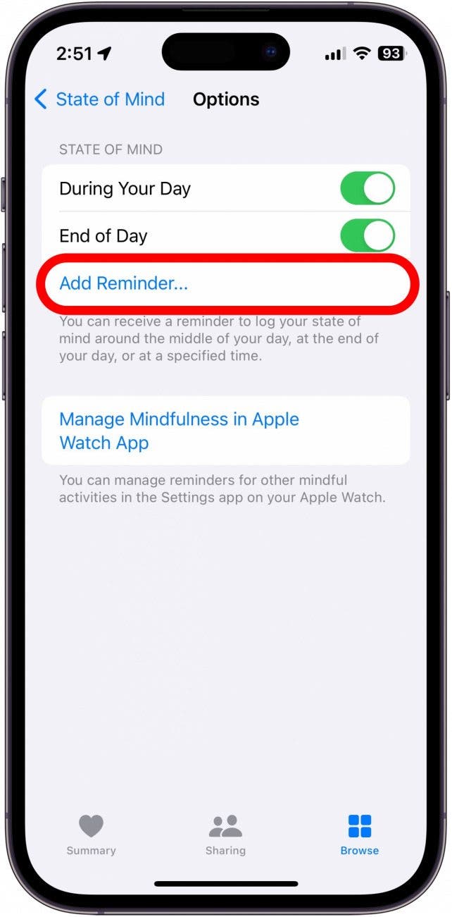 iphone health state of mind reminder settings with add reminder button circled in red