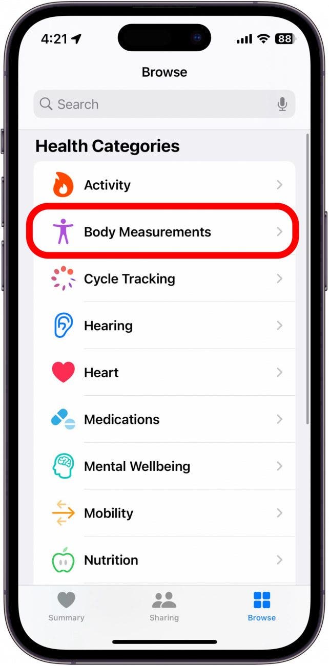 health app with body measurements option circled in red