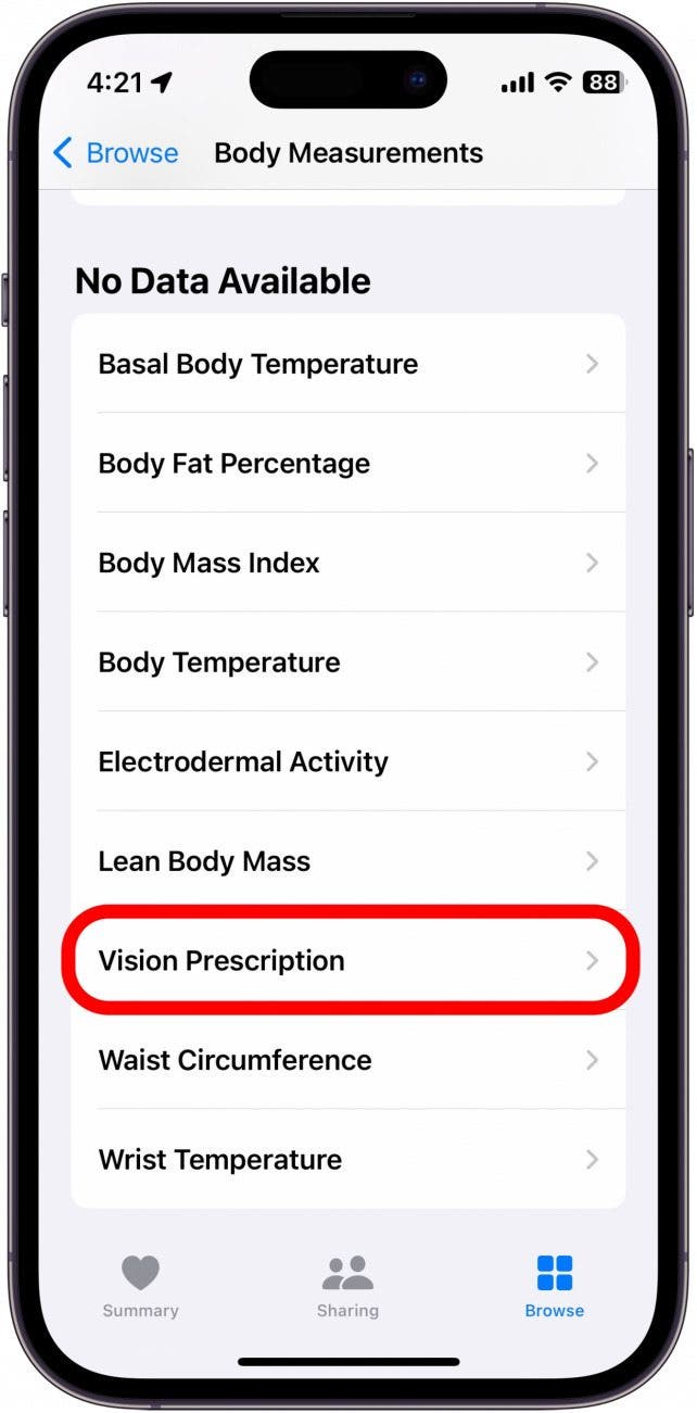 health app body measurements with vision prescription circled in red