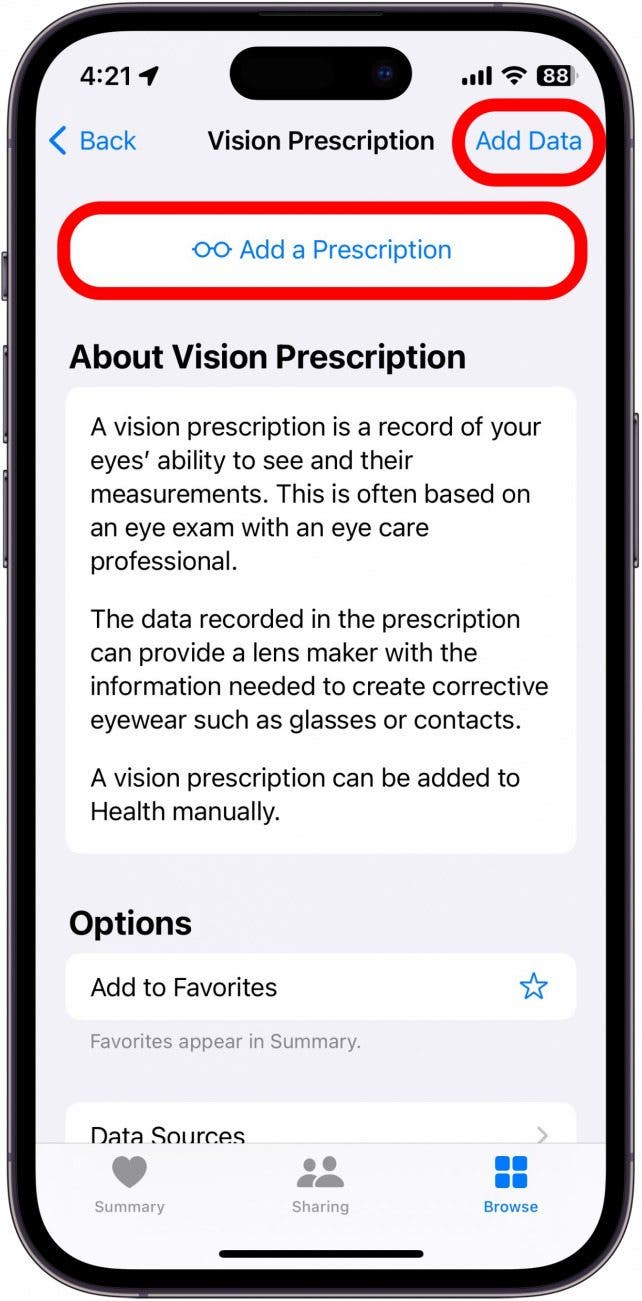 iphone vision prescription screen with add a prescription button circled in red