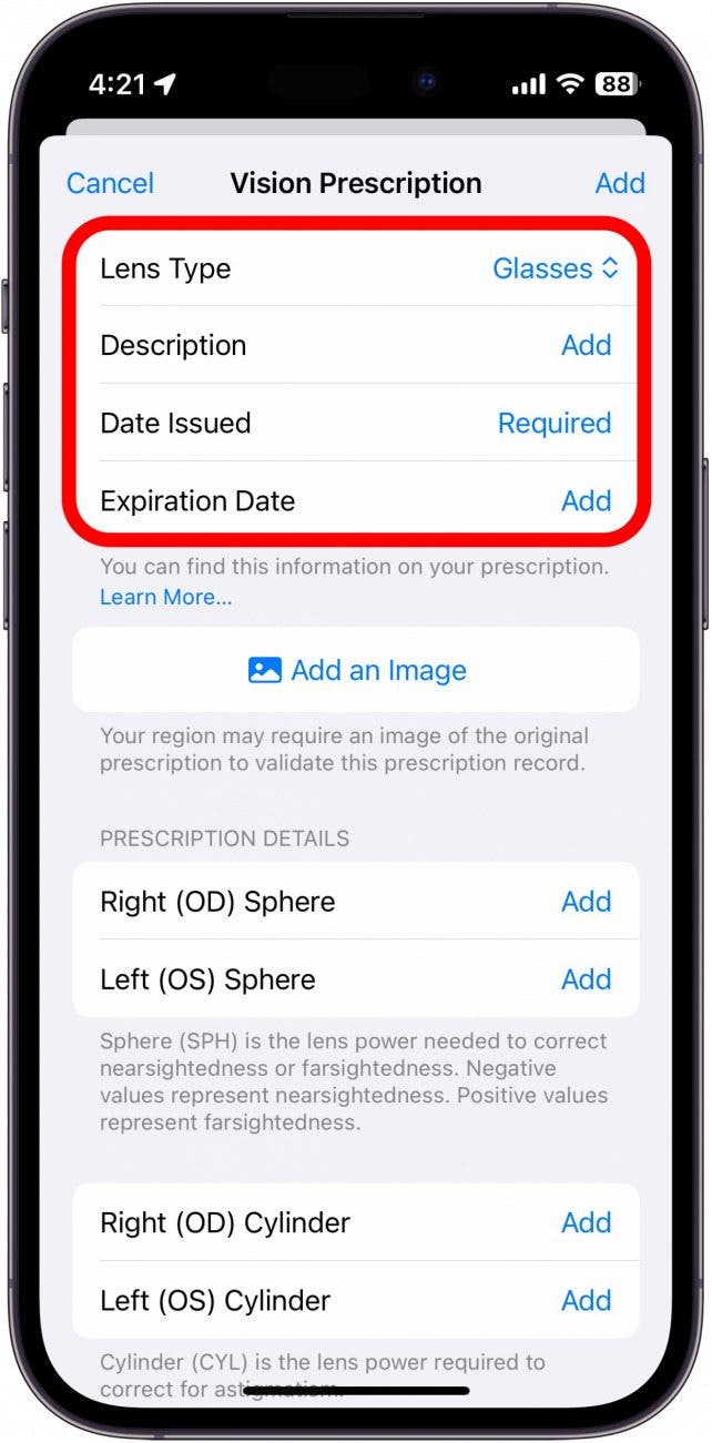 health app vision prescription details form with a red box around "lens type," "description," "date issued," and "expiration date."