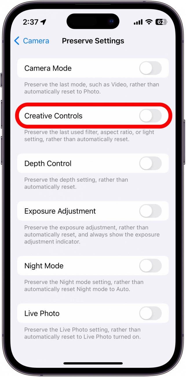 iphone preserve camera settings menu with creative controls circled in red