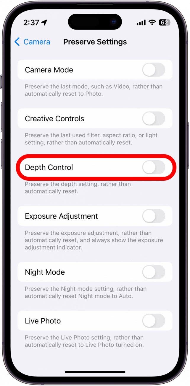 iphone preserve camera settings menu with depth control circled in red