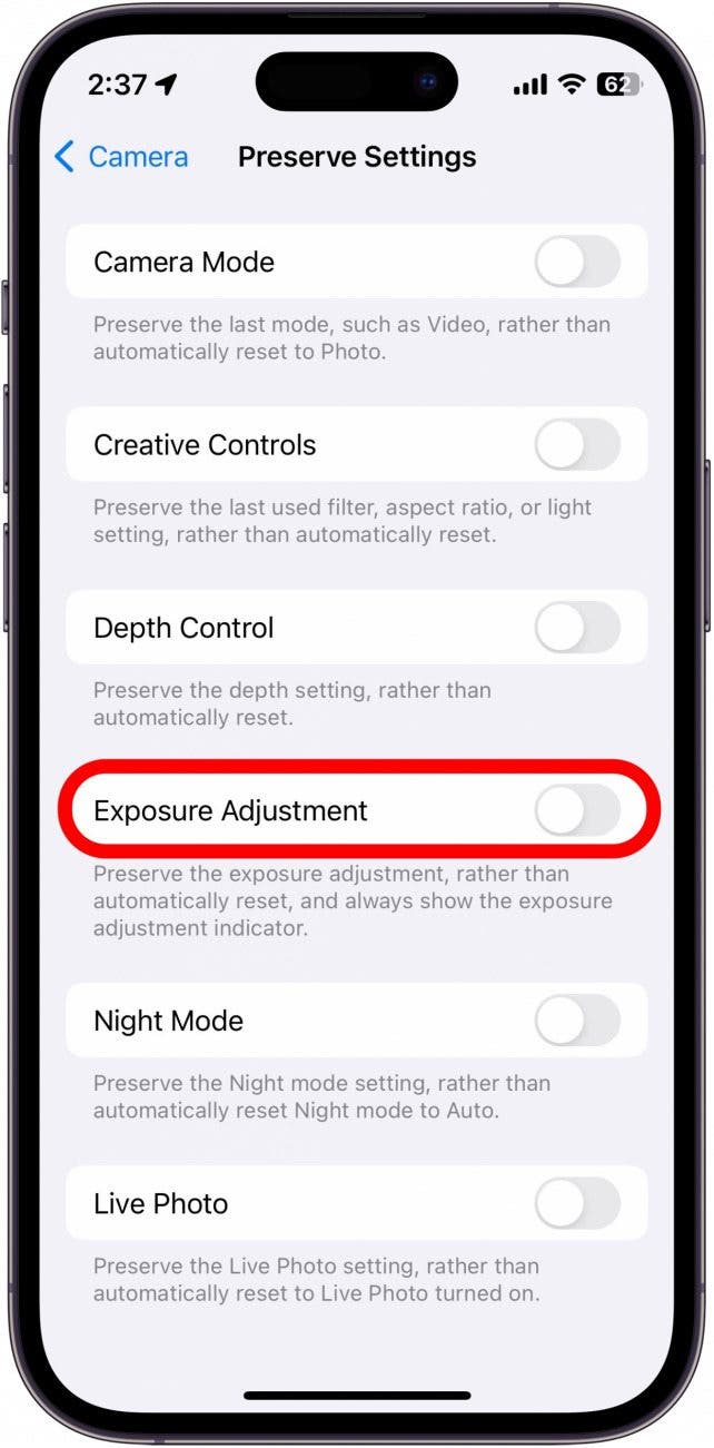 iphone preserve camera settings menu with exposure adjustment circled in red