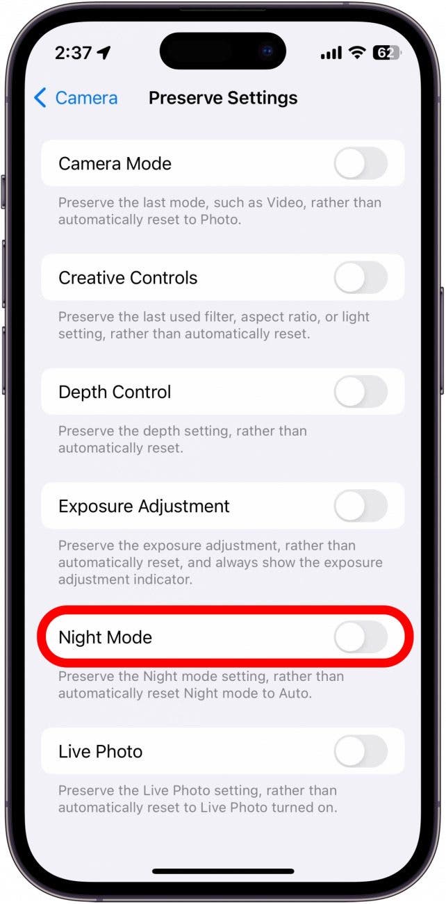 iphone preserve camera settings menu with night mode circled in red