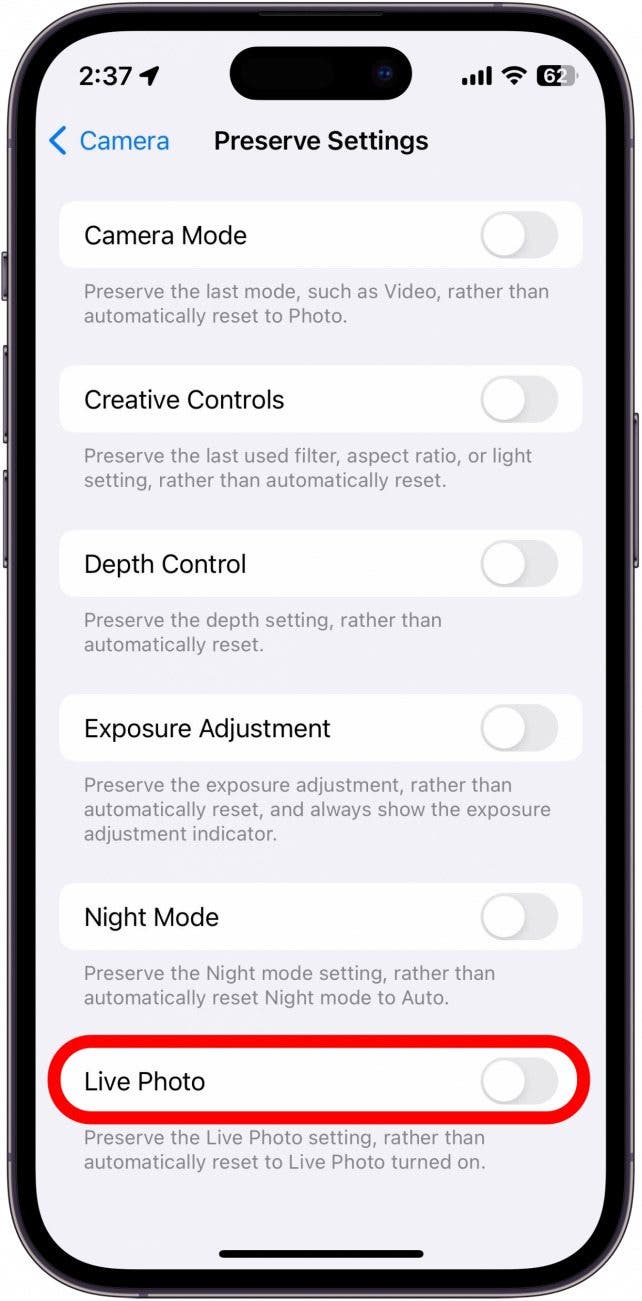 iphone preserve camera settings menu with live photo circled in red