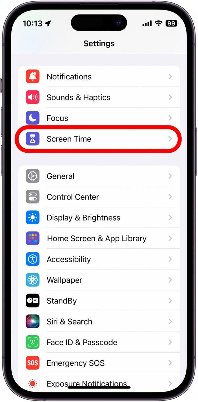 iphone settings with screen time circled in red