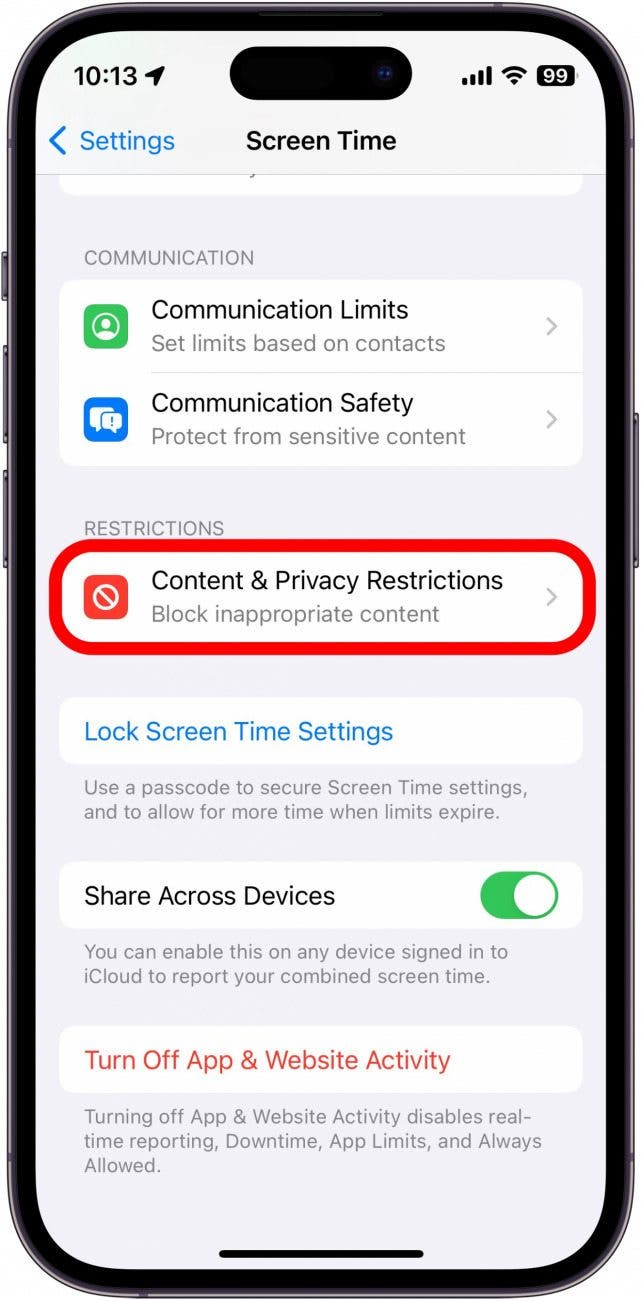 iphone screen time settings with content and privacy restrictions circled in red