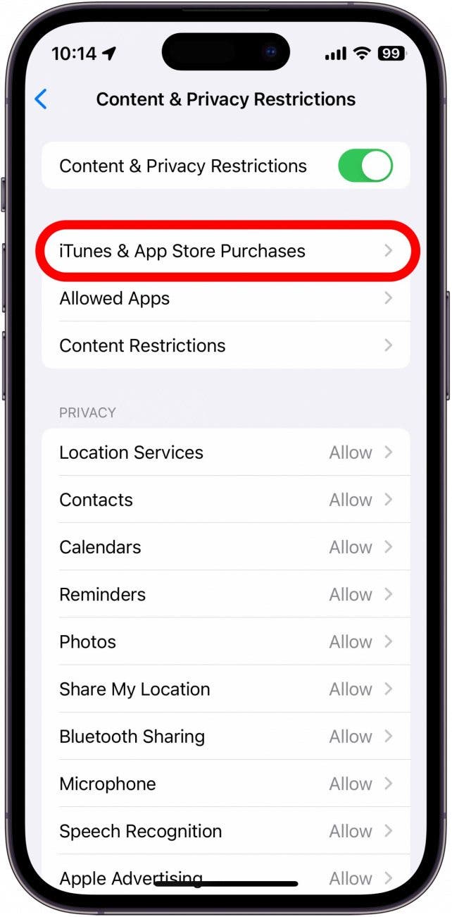 iphone content and privacy restrictions with itunes and app store purchases circled in red