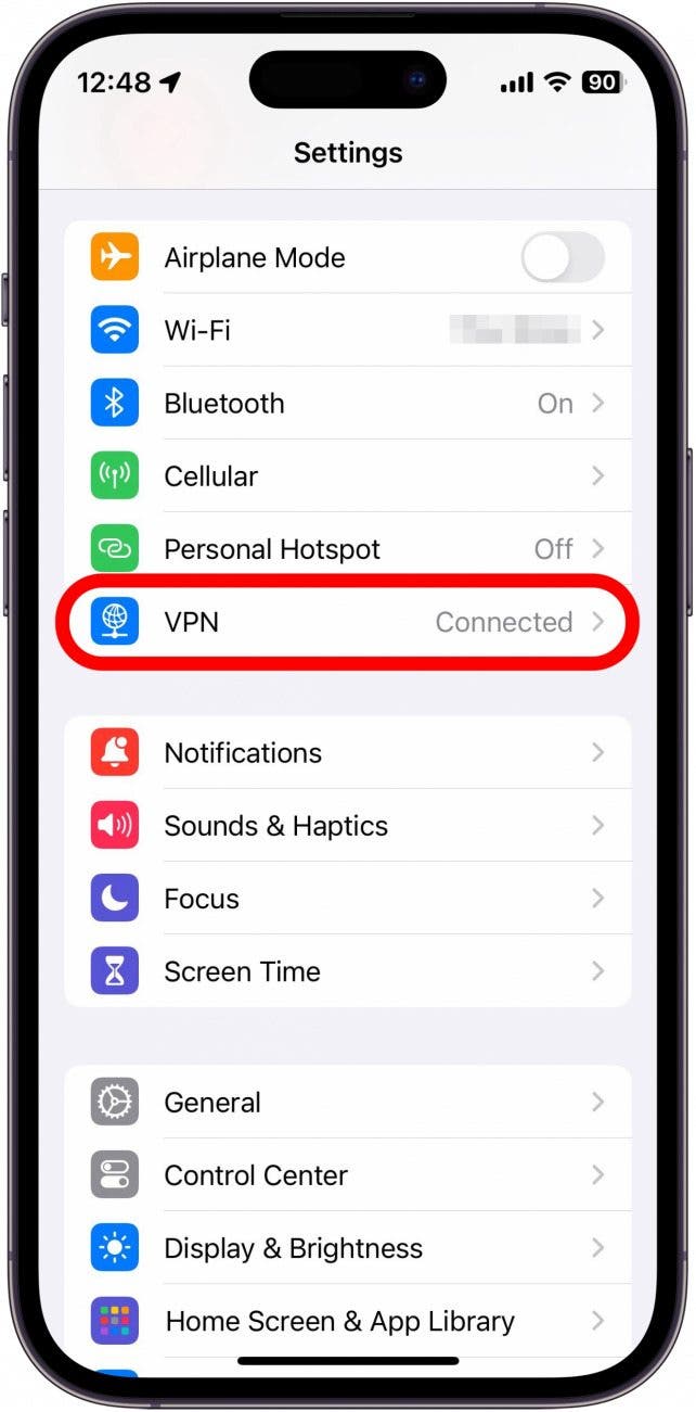 iphone settings with VPN circled in red