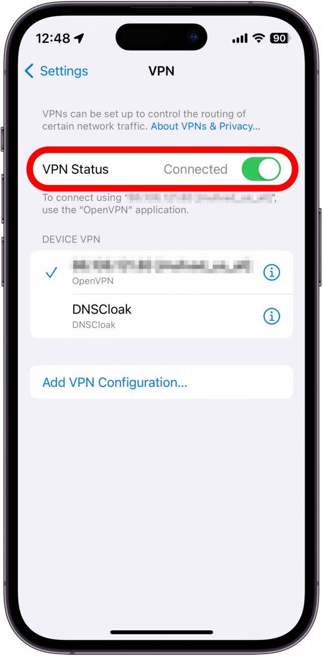 iphone vpn settings with green vpn toggle circled in red