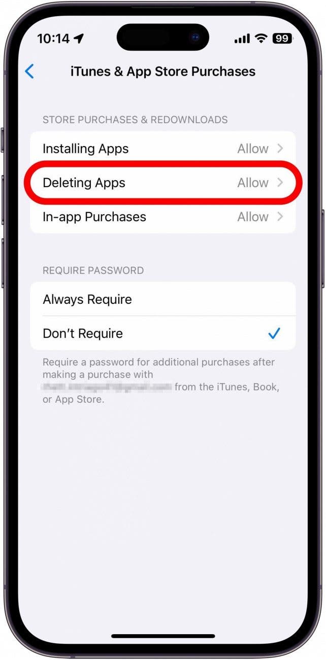 itunes and app store purchases settings with delete apps circled in red