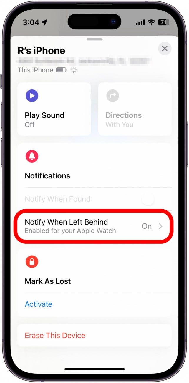 find my device info screen with notify when left behind circled in red