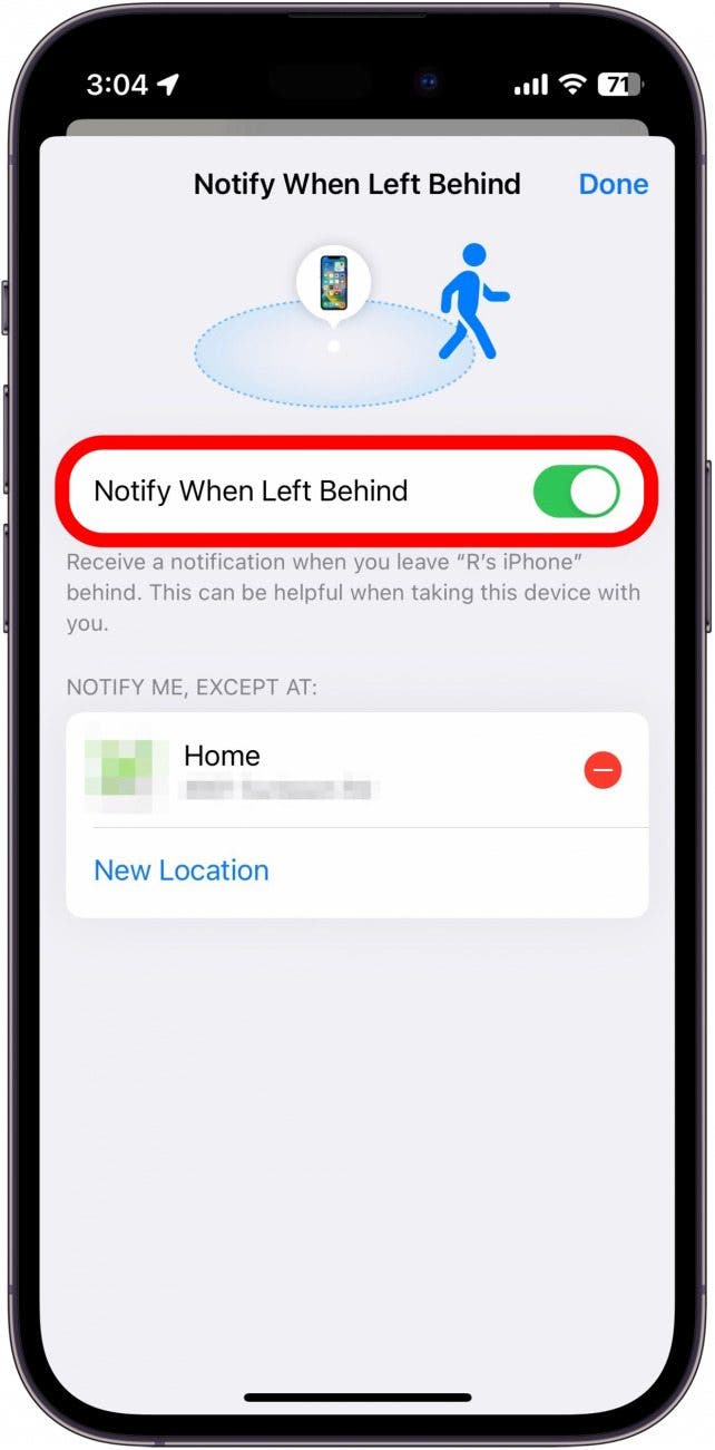 notify when left behind setting with toggle circled in red