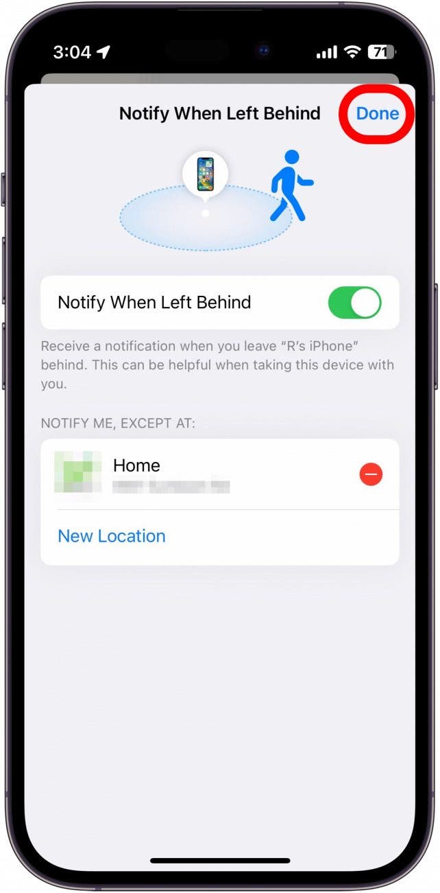 notify when left behind setting with done circled in red