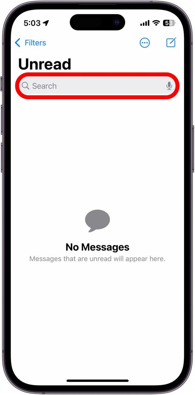 iphone messages app with a red circle around search bar