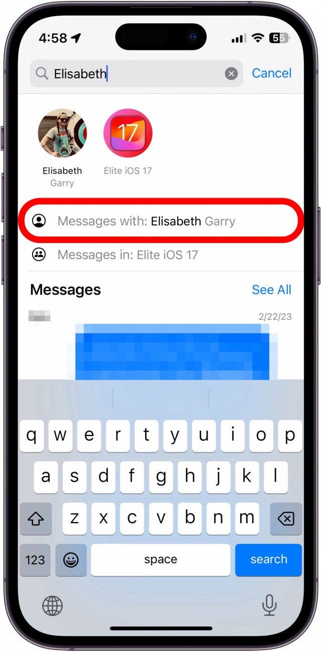 iphone messages search results with a red circle around "messages with contact" filter