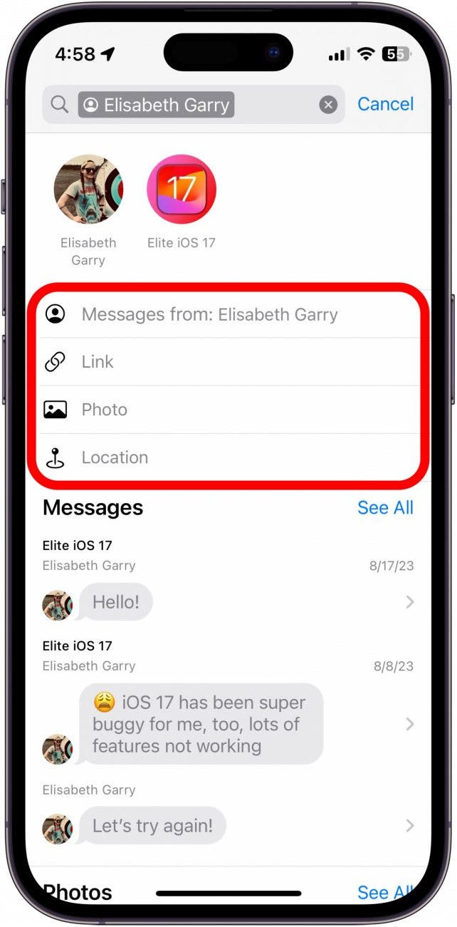 iphone messages search results with search filter options circled in red