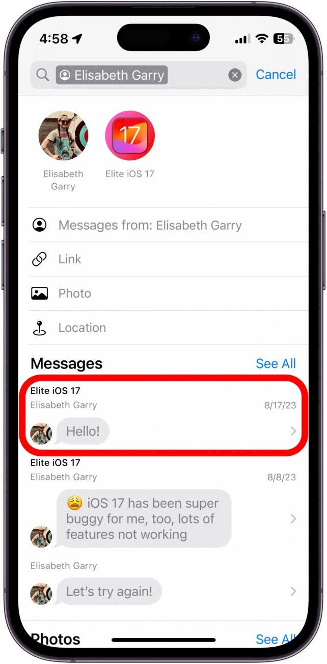 iphone messages filtered search results with a specific message circled in red, which reads, "hello!"