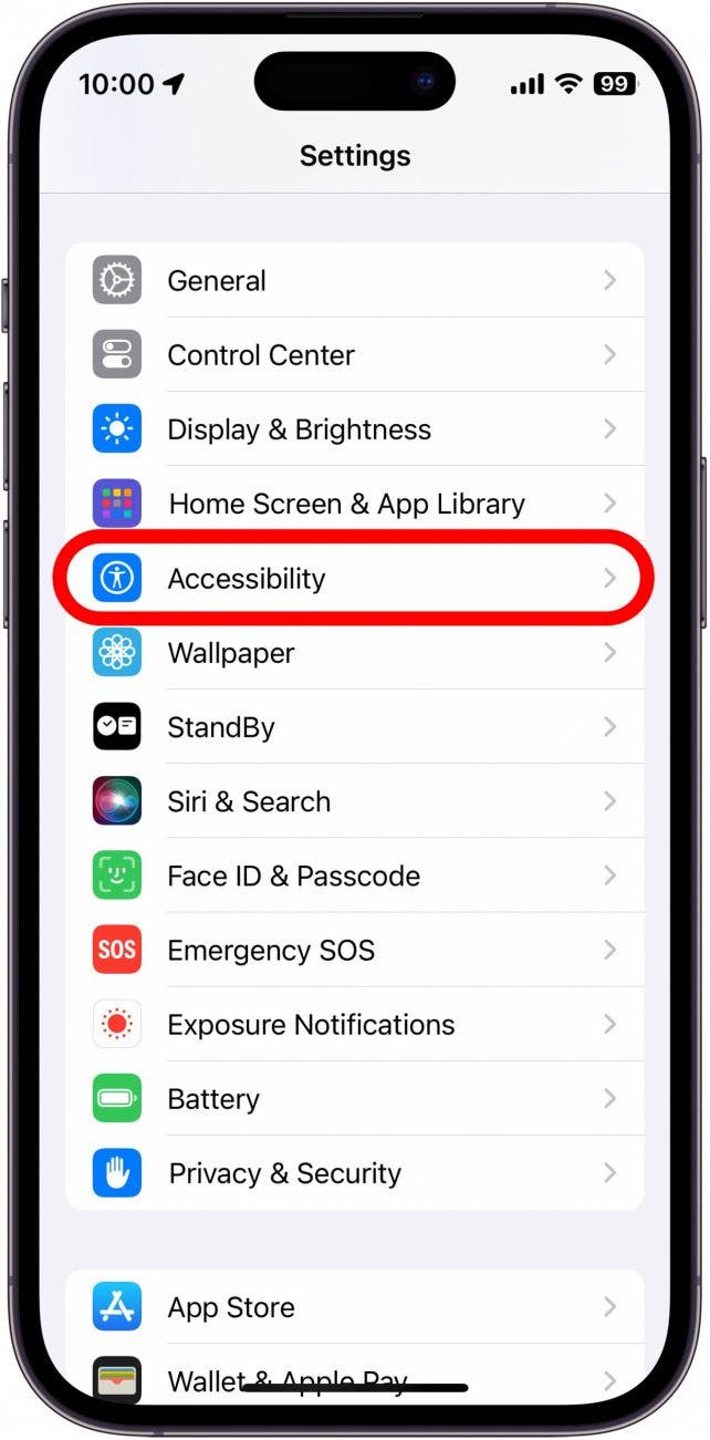 iphone settings app with accessibility circled in red