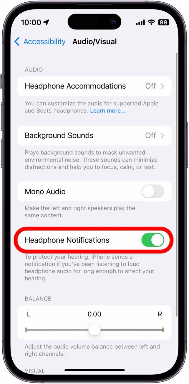 iphone audio/visual settings with headphone notifications toggle circled in red