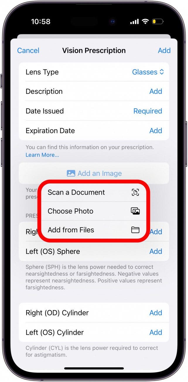 iphone vision prescription screen with add an image options circled in red: scan a document, choose photo, or add from files