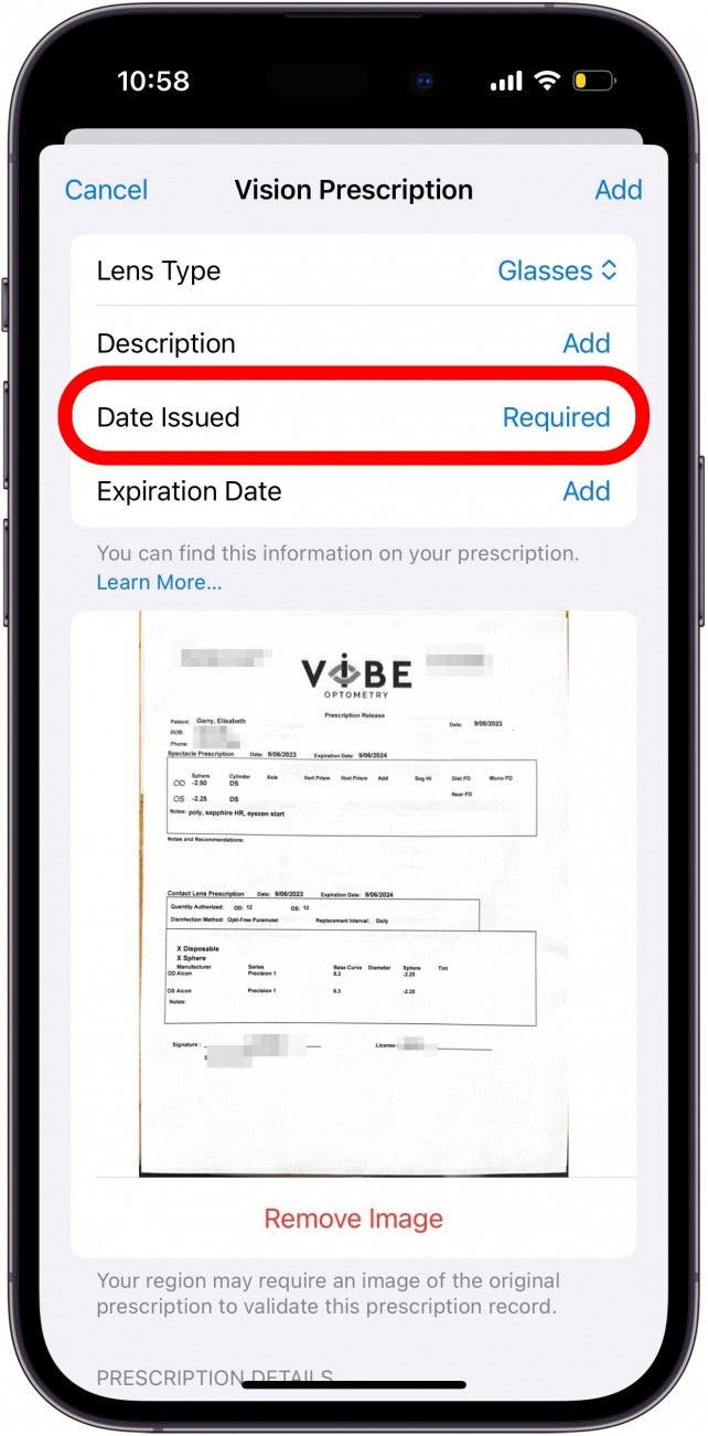 iphone vision prescription screen with date issued circled in red