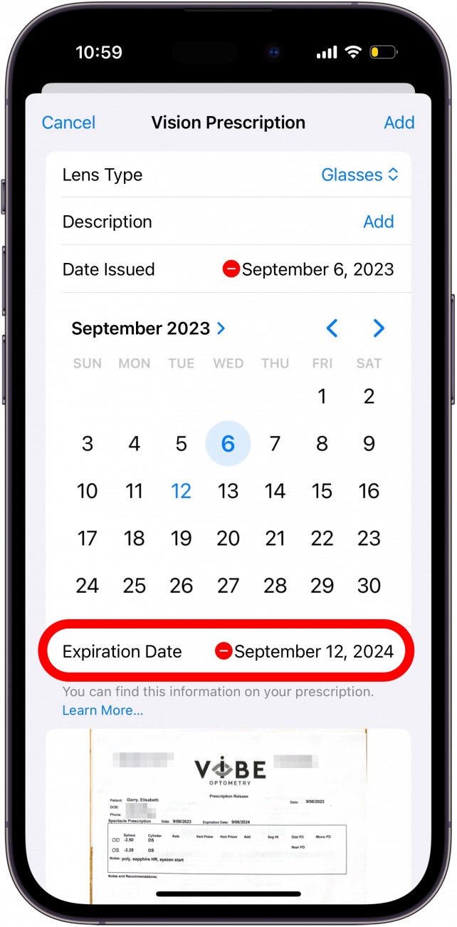 iphone vision prescription screen with expiration date circled in red